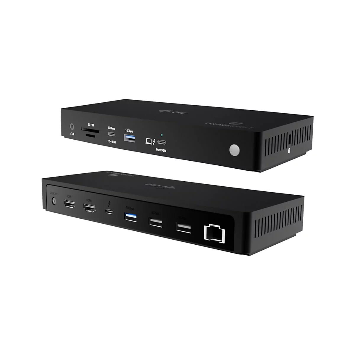 Zwei schwarze Thunderbolt-Dockingstationen vor weißem Hintergrund, mit verschiedenen Anschlüssen beschriftet: SD/TF, 10Gbps, HDMI.