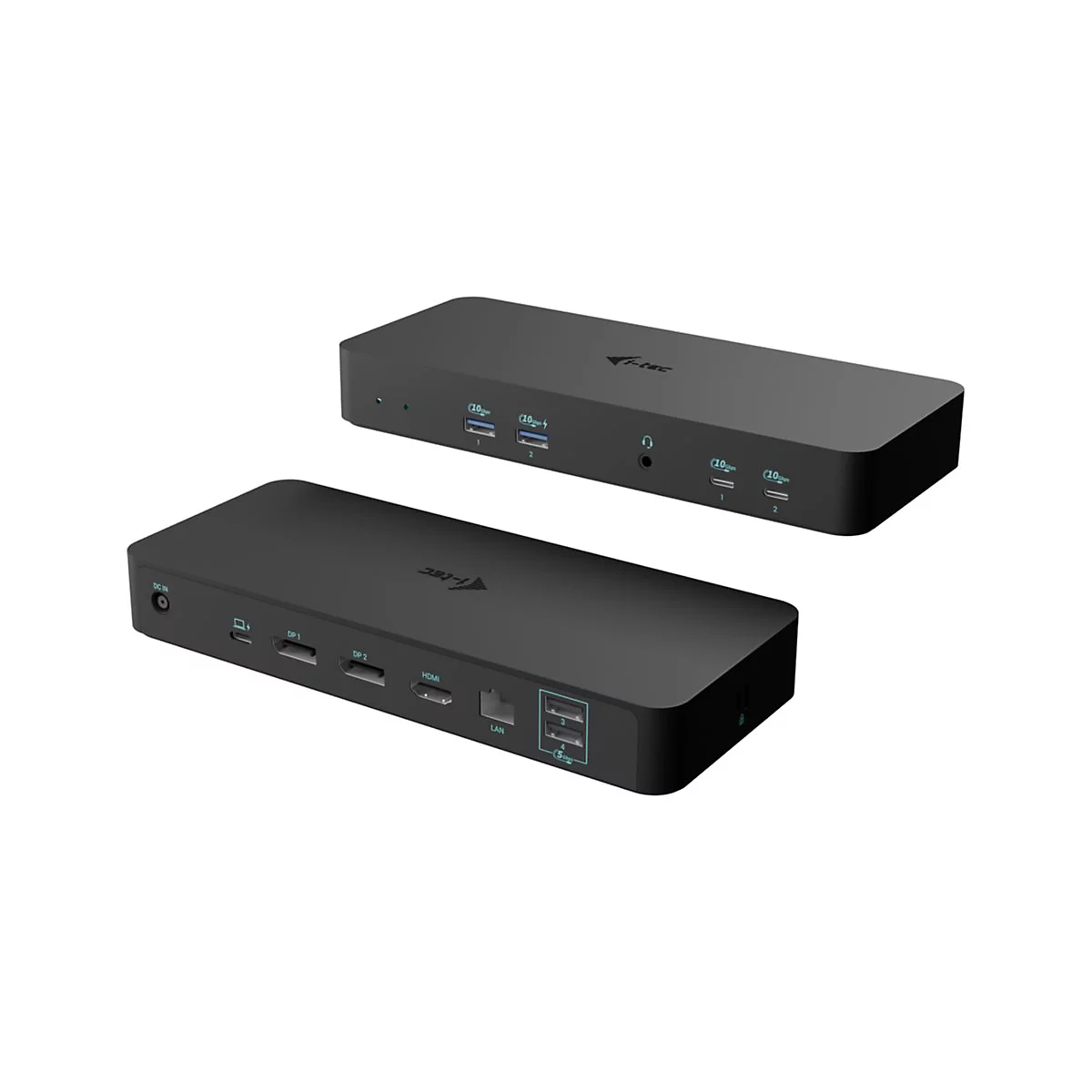 Zwei schwarze USB-C-Hubs. Auf der Oberseite befinden sich mehrere Anschlüsse, darunter USB, DisplayPort, HDMI und LAN. Das Logo ist sichtbar.