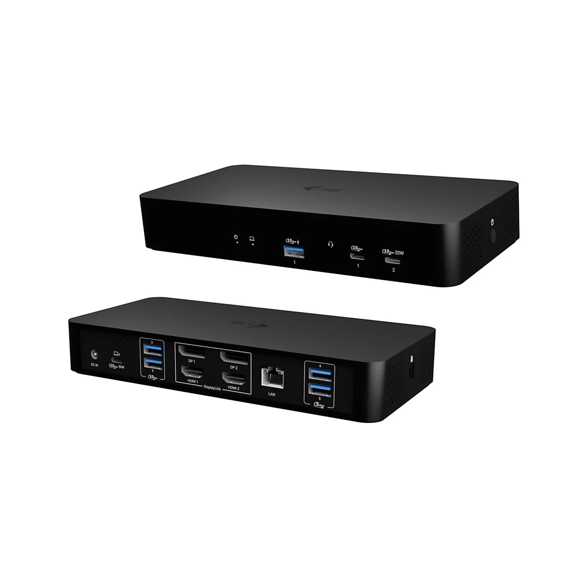 Zwei schwarze Dockingstationen, oben und unten, mit Anschlüssen wie USB, HDMI, DP und LAN.