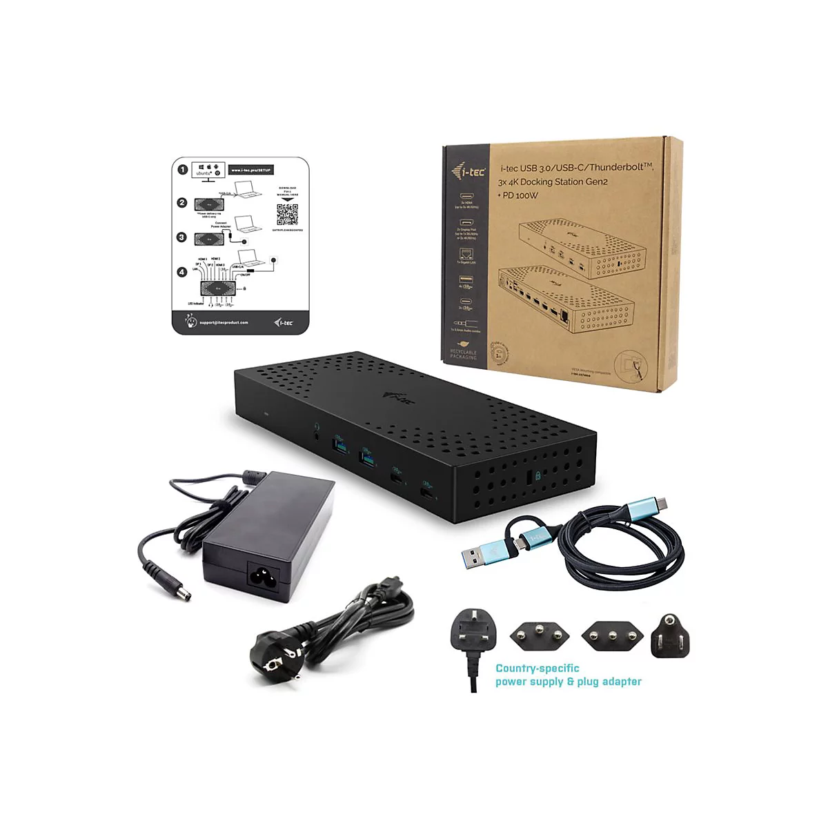 i-Tec - Dockingstation - USB-C / USB4 / USB 3.0 Thunderbolt 3 / Thunderbolt 4 - 2 x DP, 3 x HDMI - 1GbE - 160 Watt