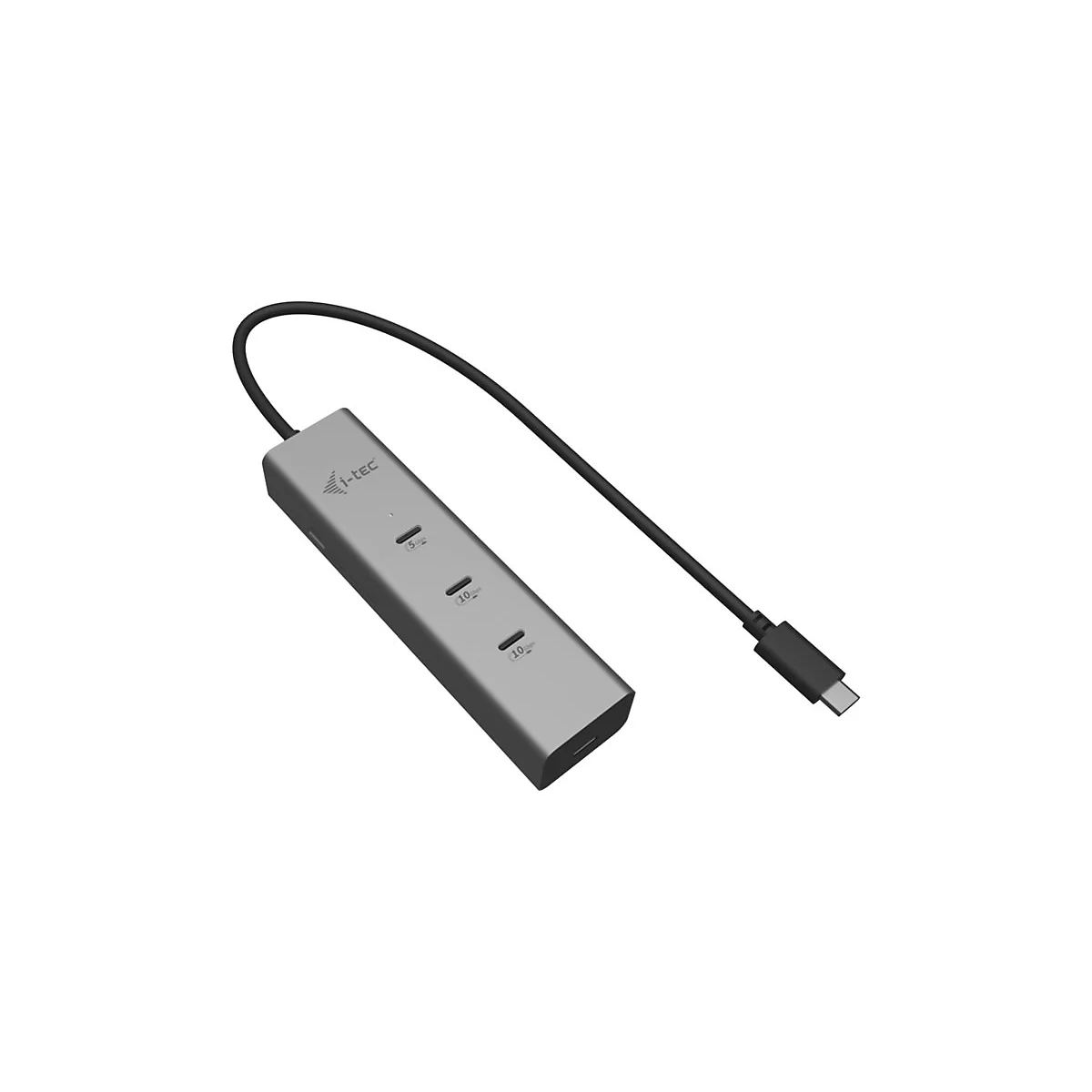 Grauer USB-C-Hub mit schwarzem Kabel. Der Hub hat drei Ports mit Beschriftungen.