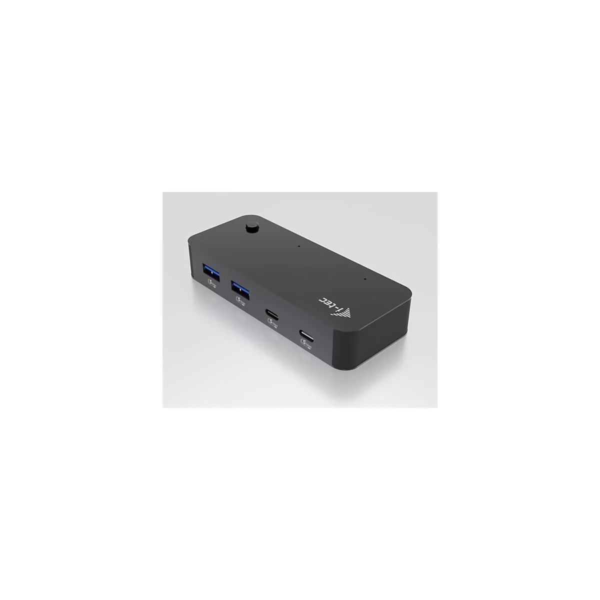 Hub USB-C noir. Trois ports USB-A, deux ports USB-C. Logo I-tec.