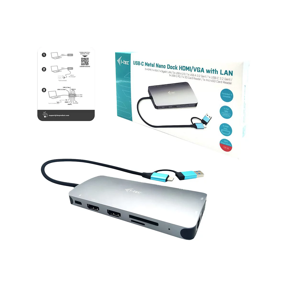 i-Tec Nano Dock - Dockingstation - USB 3.0 / USB4 / Thunderbolt 4 - VGA, 2 x HDMI - 1GbE - 100 Watt