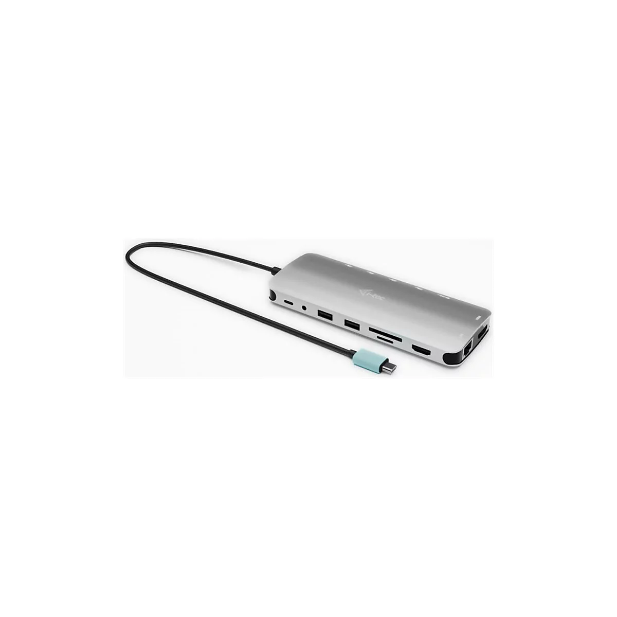 Hub USB-C argenté avec différents ports et un câble noir. Le connecteur est enveloppé en bleu clair.