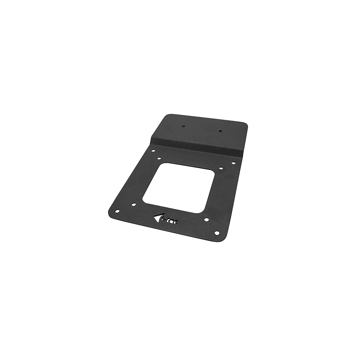 Plaque mÃ©tallique noire avec Ã©videment rectangulaire, trous et logo de l'entreprise.