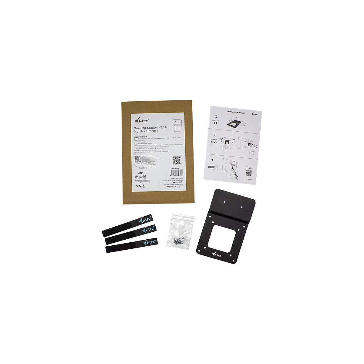 Un support de moniteur VESA i-tec. Les piÃ¨ces sont disposÃ©es sur fond blanc, comprenant un support, des vis, des sangles velcro et un manuel d'instructions.