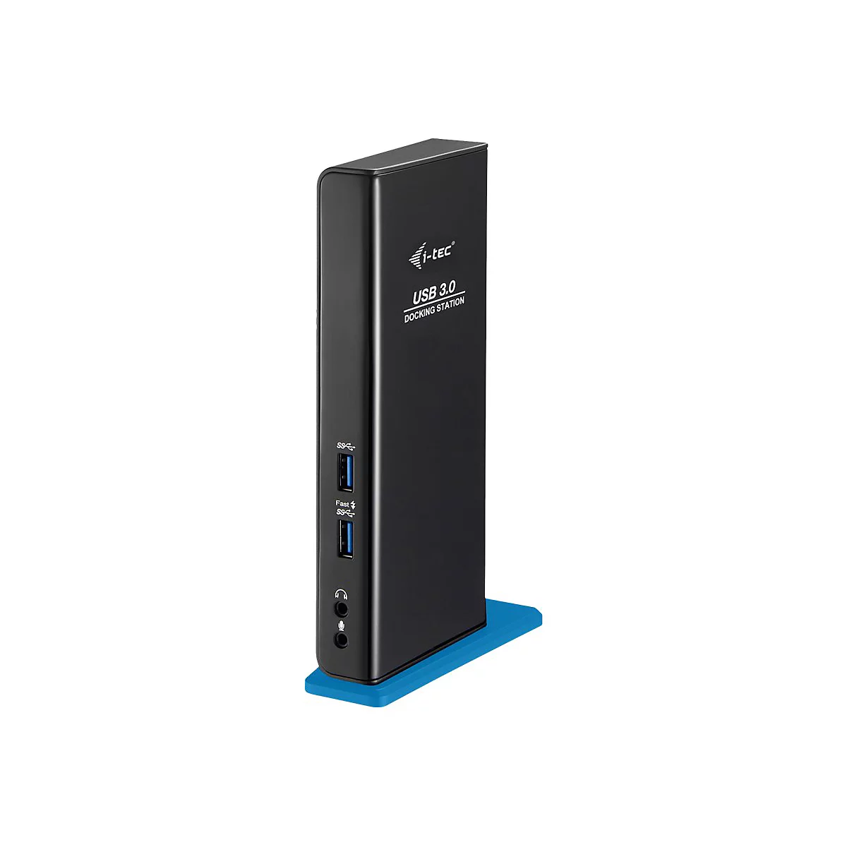 Station d'accueil USB 3.0 noire avec ports, base bleue et texte.