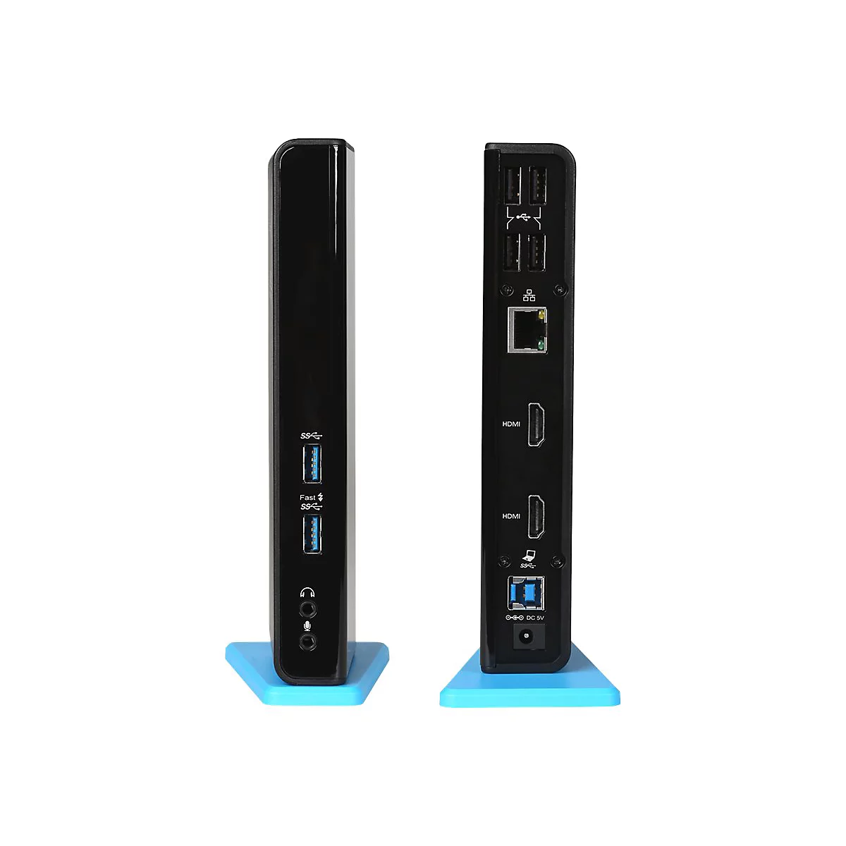 Station d'accueil noire avec connexions latÃ©rales et arriÃ¨re, sur support bleu clair. Prises pour USB, HDMI, Ethernet, casque.