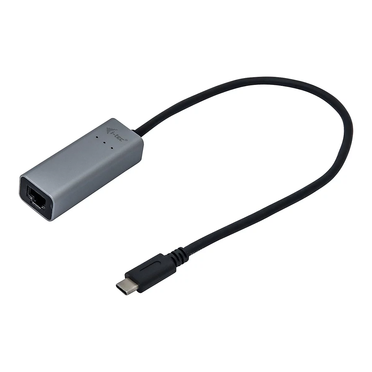 Adaptateur USB-C vers Ethernet gris avec un cÃ¢ble noir. L'adaptateur a un corps rectangulaire et un port RJ45.