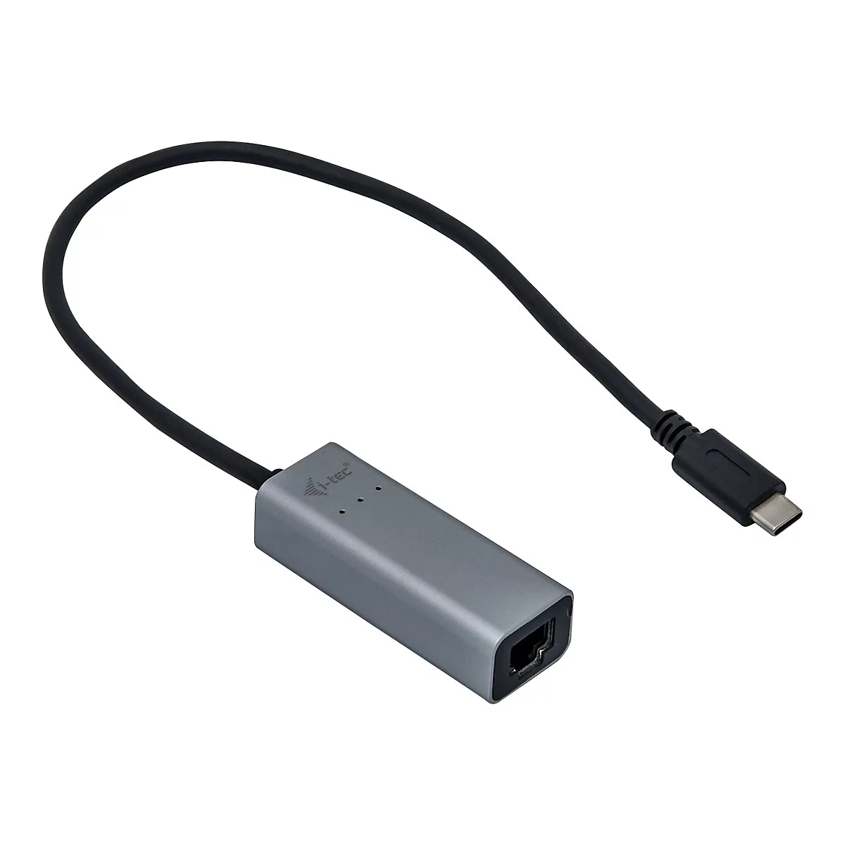 Un adaptateur gris avec connecteur RJ45 et USB-C et un cÃ¢ble noir.
