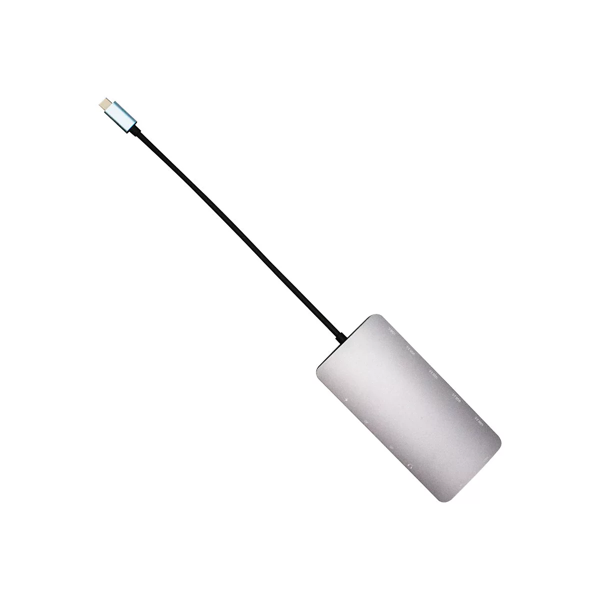 Un adaptateur USB-C argentÃ© avec un cÃ¢ble noir et un connecteur bleu, en diagonale sur un fond blanc.