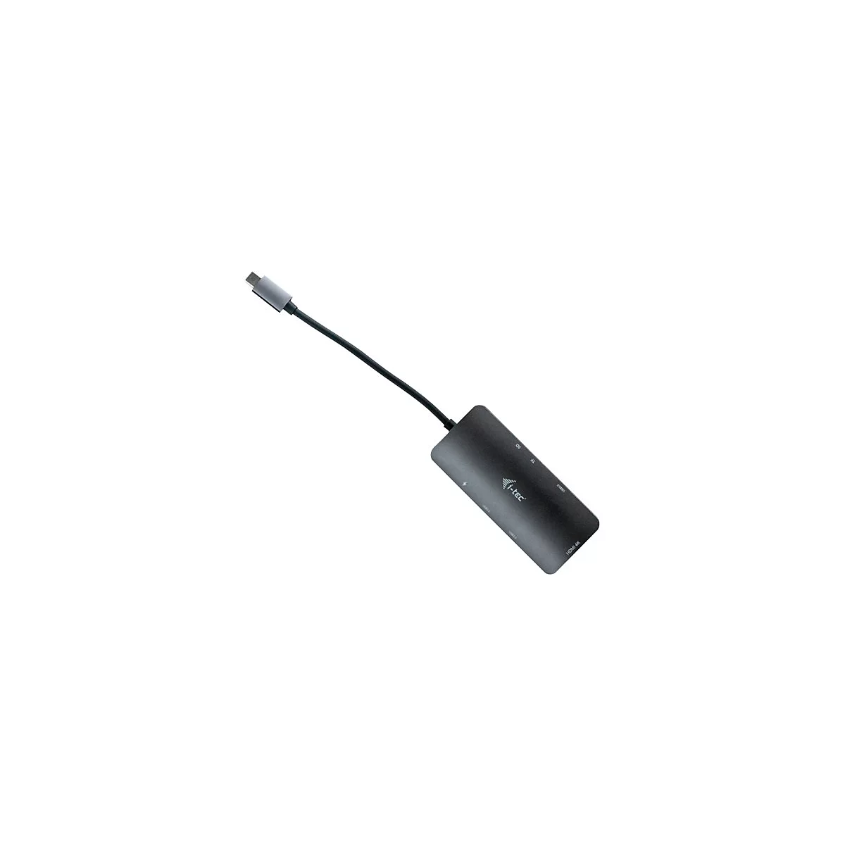 Adaptateur USB-C noir-gris avec cÃ¢ble, logo i-tec. L'adaptateur est inclinÃ© vers la camÃ©ra.