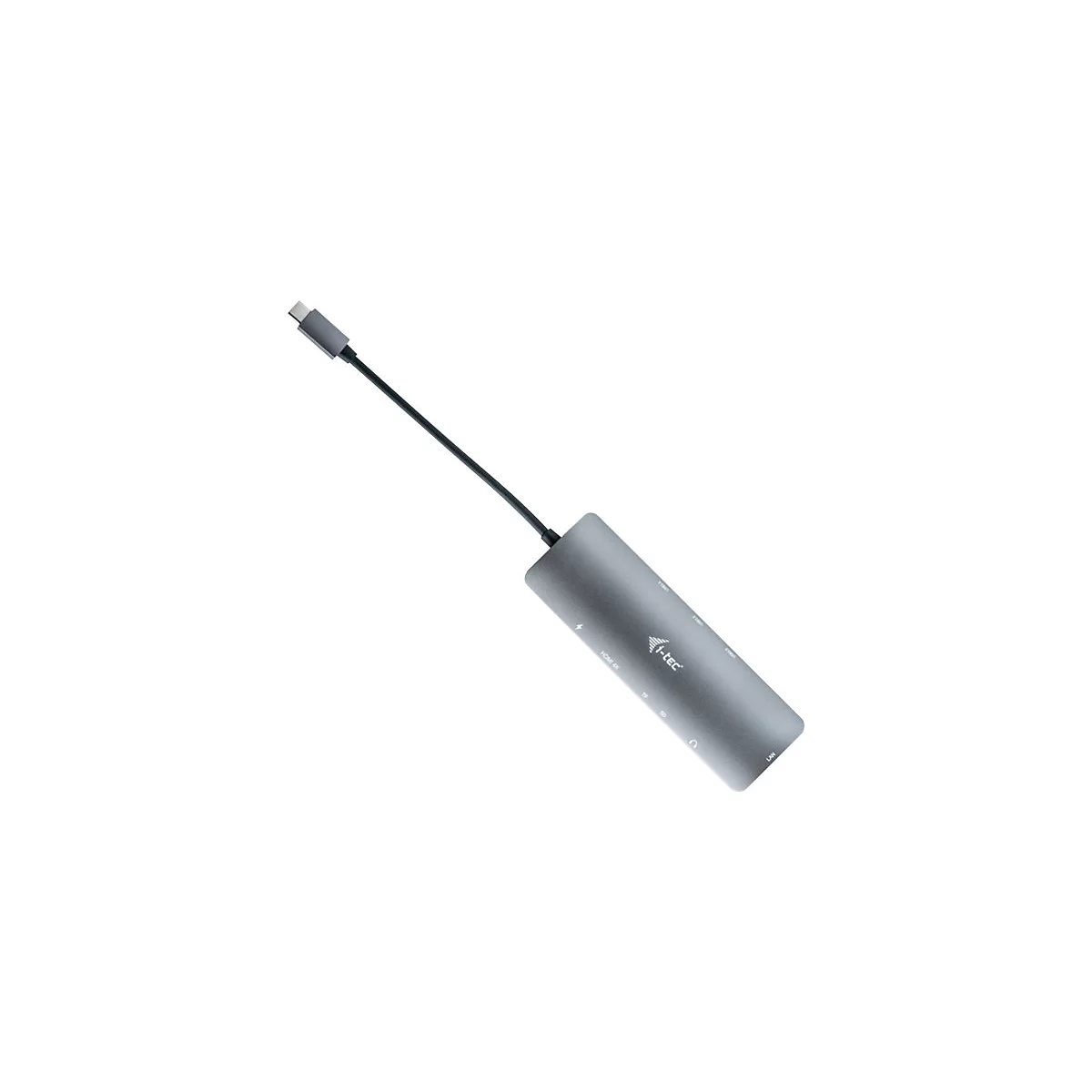 Hub USB-C gris avec cÃ¢ble. Le produit est posÃ© en diagonale sur un fond blanc. Des symboles et la marque i-tec sont visibles sur la surface.