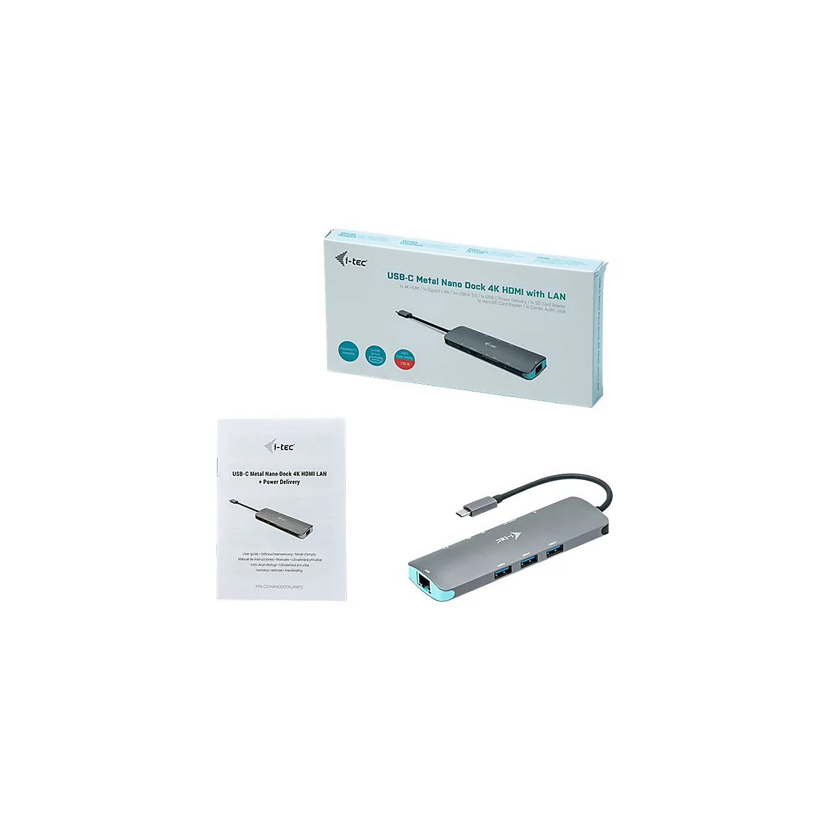 Station d'accueil USB-C Metal Nano grise avec LAN, HDMI et Power Delivery, avec emballage et manuel d'instructions. Il est illustrÃ© sur fond blanc.