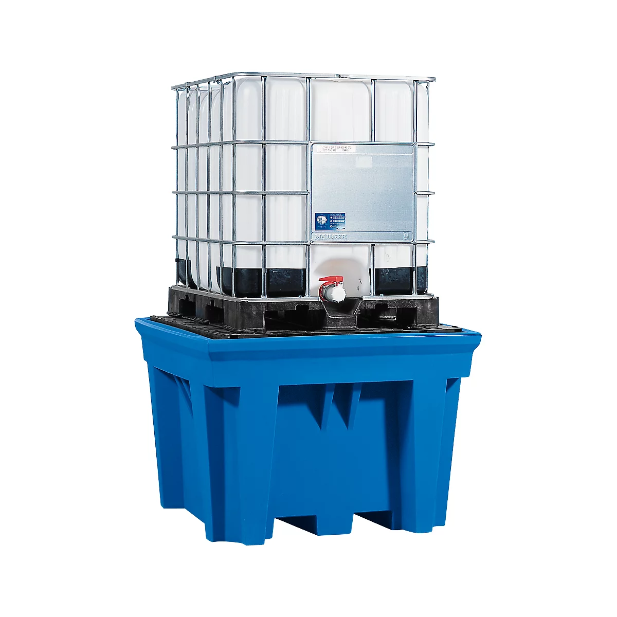A white IBC container in a metal cage stands on a black pallet and a blue spill containment.