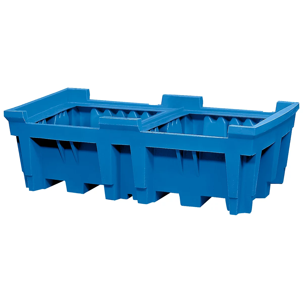 Blue, rectangular plastic box with two separate compartments. The box has reinforced sides and a raised edge.