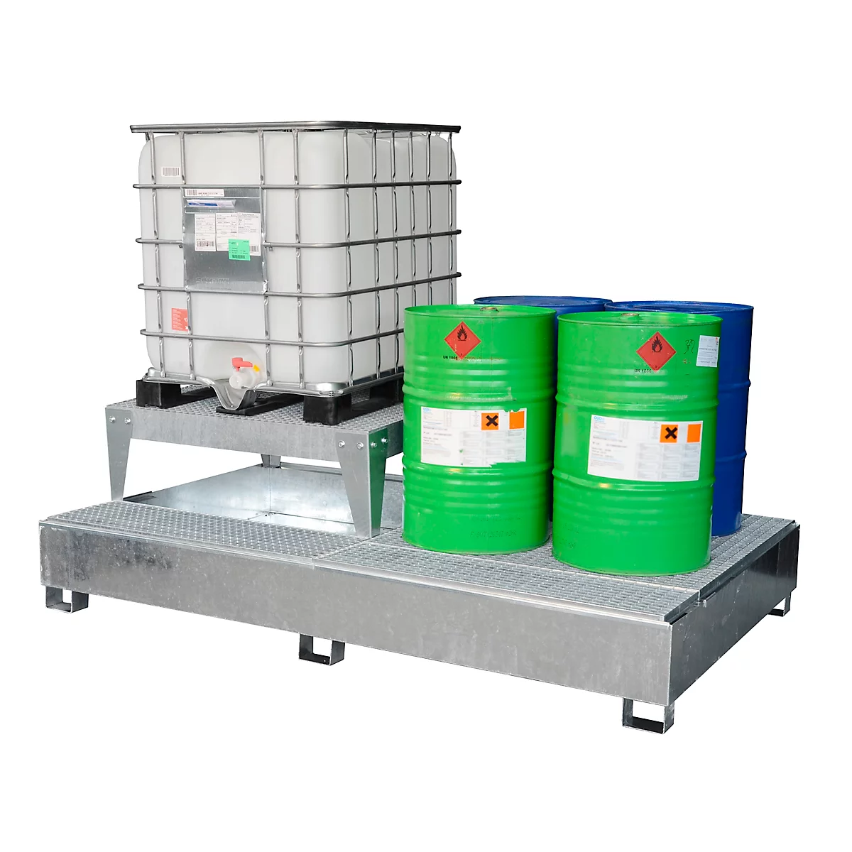 IBC-Auffangwanne CEMO GS2a AB2, Stahl, 1000 l Auffangvolumen, lackiert, mit 2 Abfüllböcken und Abfüllfläche, L 2680 x B 1605 x H 800 mm