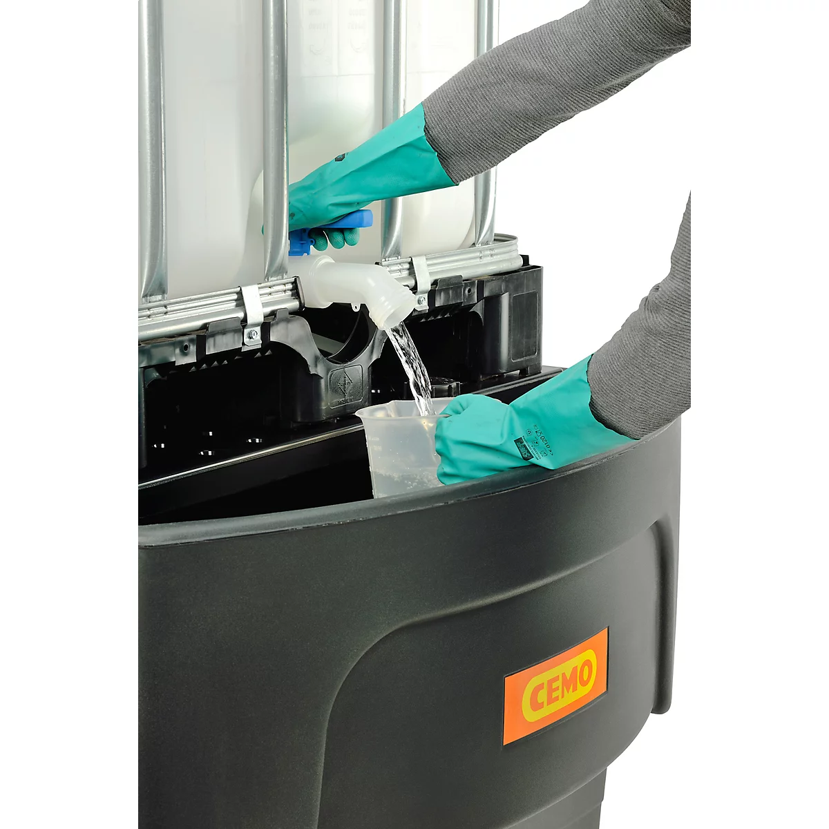 IBC-Auffangwanne, Polyethylen, 1100 l, 1500 kg, Abfüllvorsatz u. PE-Lochplatte, unterfahrbar