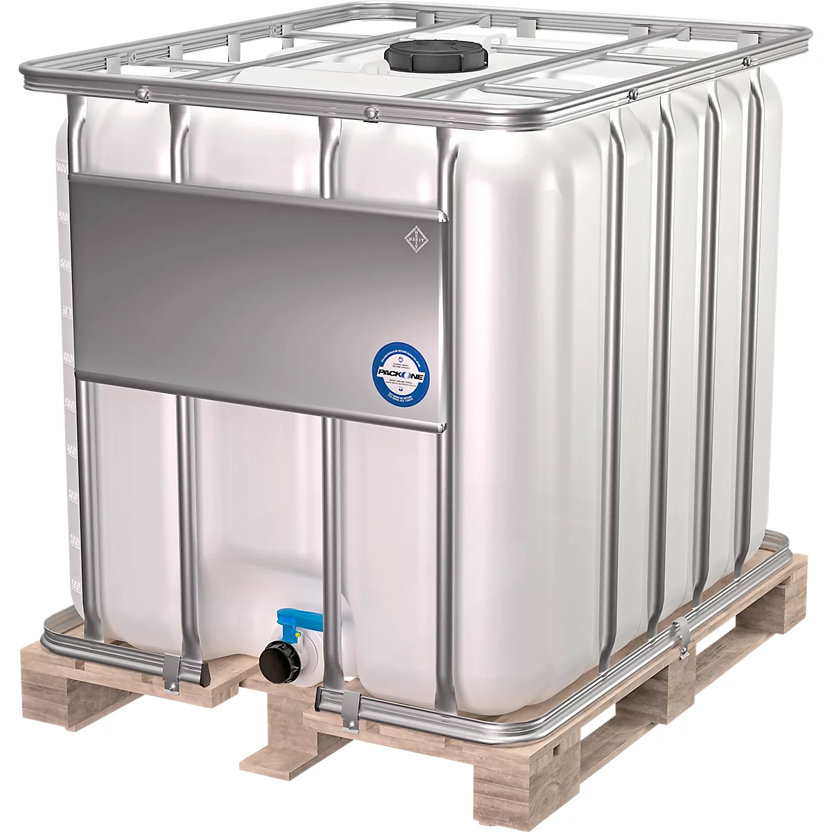 IBC Container, 1000 Liter, HDPE, stapelbar, Auslaufventil, auf Holzpalette, B 1200 x T 800 x H 1163 mm, natur