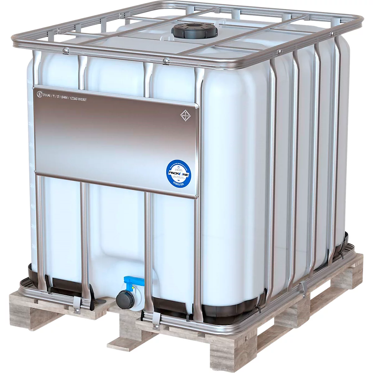 IBC container, 1000 liter, UN keur, UV bescherming, DN 50 uitlaatklep, op houten pallet, B 1200 x D 1000 x H 1136 mm, naturel