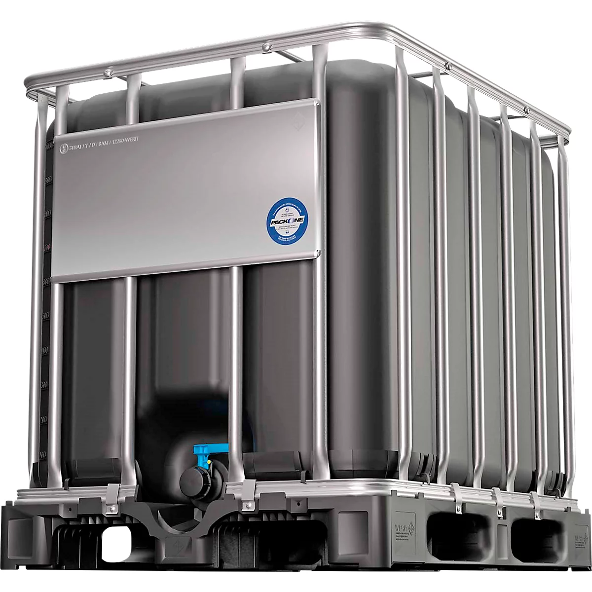 IBC container, 1000 liter, UN keur, UV bescherming, DN 50 uitlaatklep, op kunststof pallet, B 1200 x D 1000 x H 1136 mm, zwart