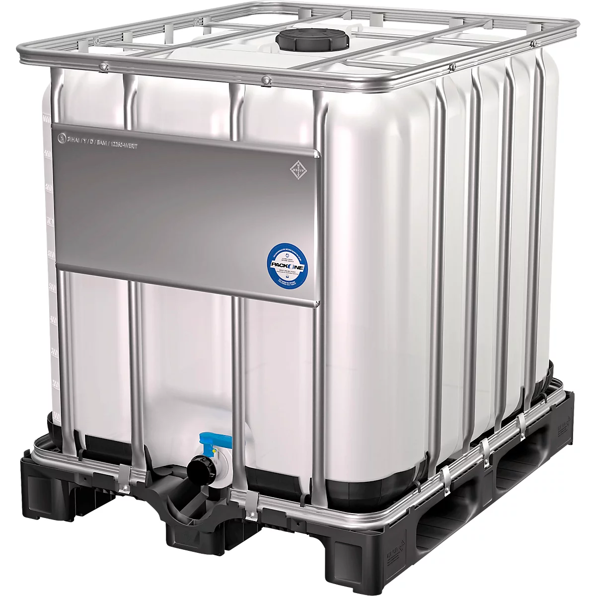 IBC Container, 1000 Liter, UN-Zulassung, Kunststoffdeckel, Stahl-Kreuzverband, Stahltraverse, auf Kunststoffpalette, B 1200 x T 1000 x H 1163 mm