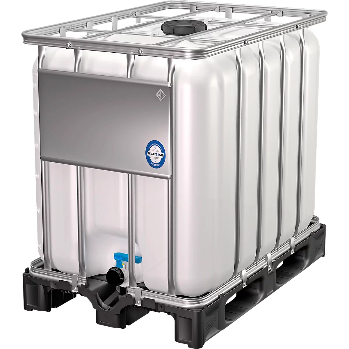 IBC Container, 600 Liter, HDPE, stapelbar, Auslaufventil, auf Kunststoffpalette, B 1200 x T 800 x H 1013 mm