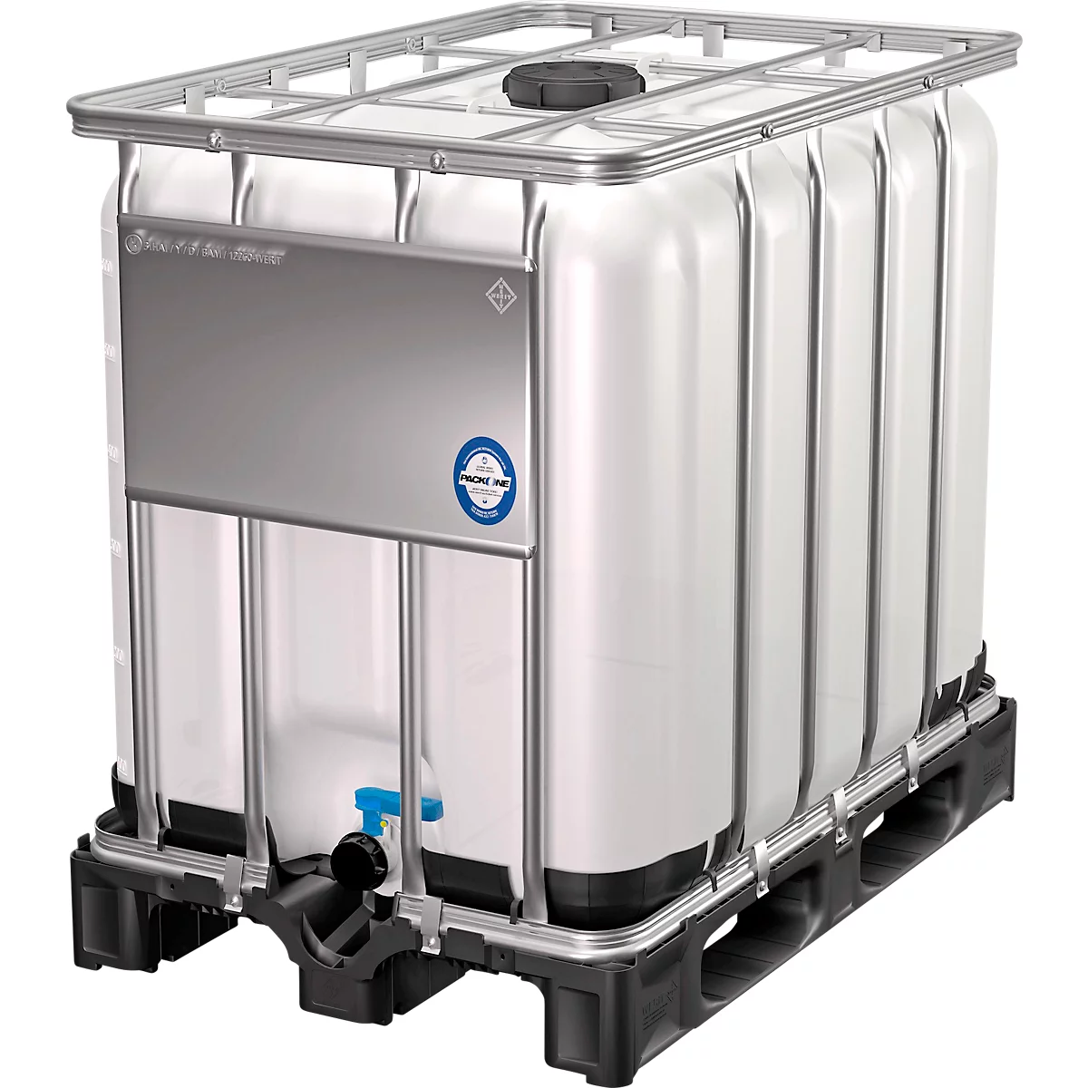 IBC Container, 600 Liter, UN-Zulassung, Kunststoffdeckel, Stahl-Kreuzverband, Stahltraverse, auf Kunststoffpalette, B 1200 x T 1000 x H 1013 mm