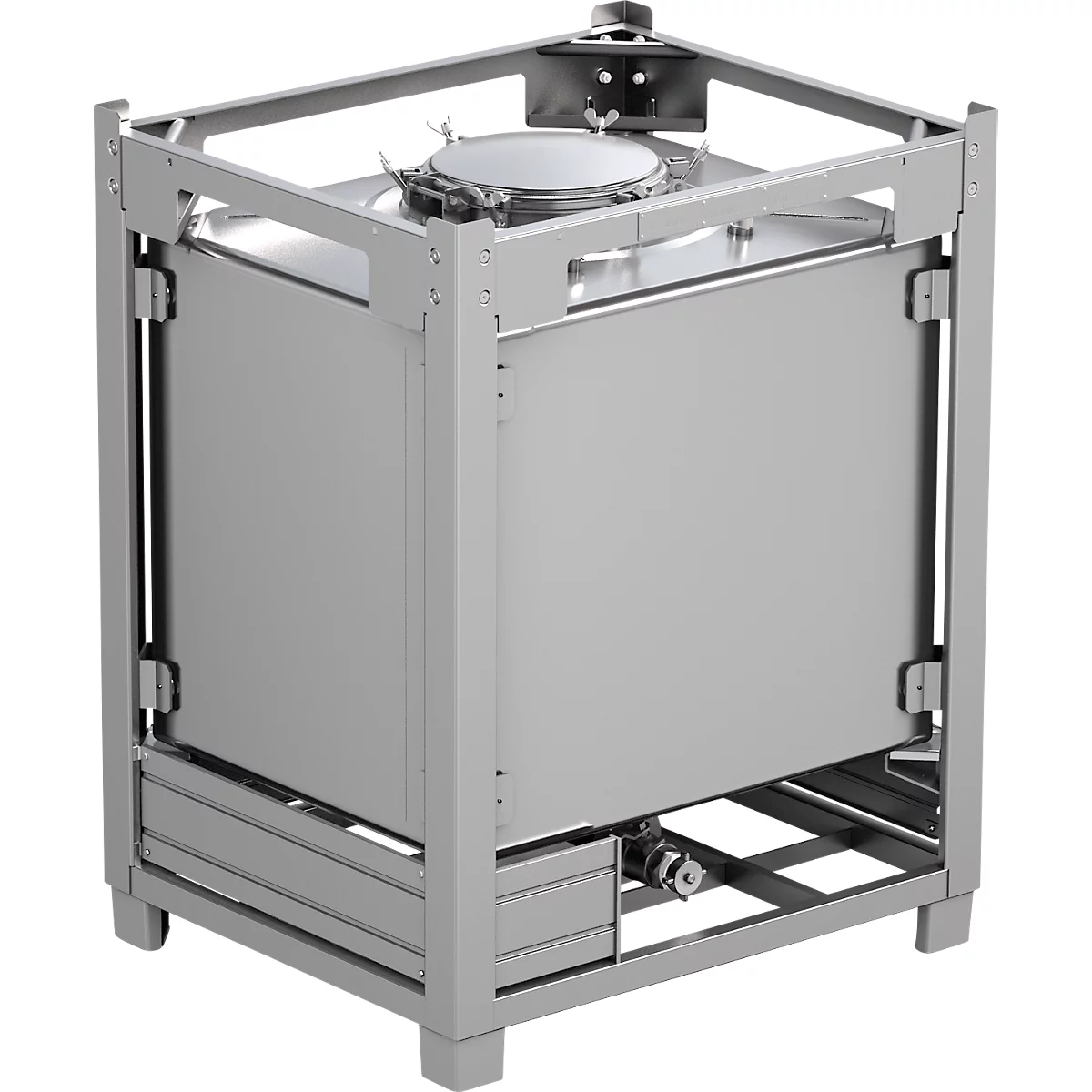 IBC-Container SCHÄFER BTA NBR, 1000 l, UN-Zulassung, Sicherheitsventil, stapelbar, auf Transportgestell, Edelstahl 1.4301 (V2A), B 1015 x T 1215 x H 1550 mm