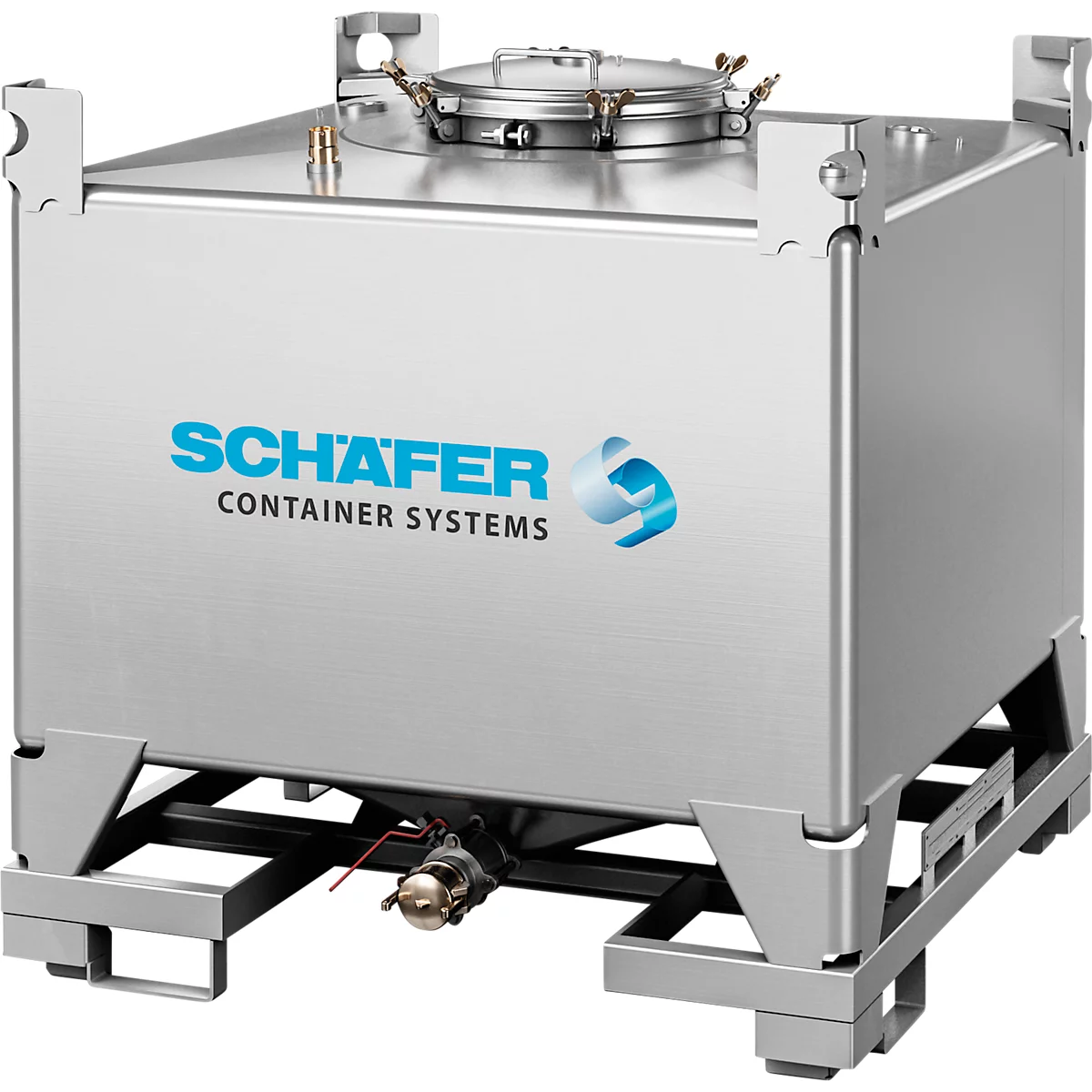 IBC container SCHÄFER Cube BTU NBR, 1000 l, UN keur, veiligheidsklep, stapelbaar, op pallet, roestvrij staal 1.4301 (V2A), B 1150 x D 1150 x H 1160 mm