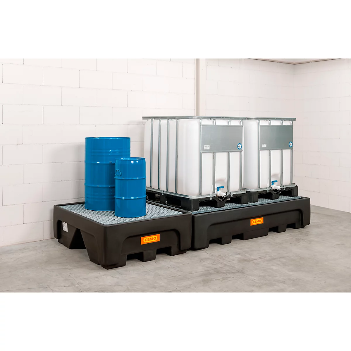 IBC-Erweiterungswanne CEMO 500/1-PE, mit Stützkreuz und Stahlgitterrost, Volumen 500 l, Tragkraft 1500 kg, mit Zulassung, Polyethylen, schwarz
