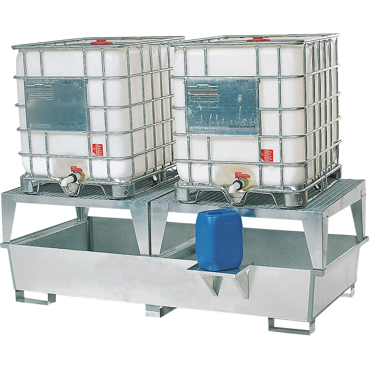 IBC-Station ASECOS, Stahl, mit 2 Abfüllblöcken u. Staplerschuhen, 1000 l Auffangvolumen, B 2680 x T 1300 x H 950 mm, verzinkt