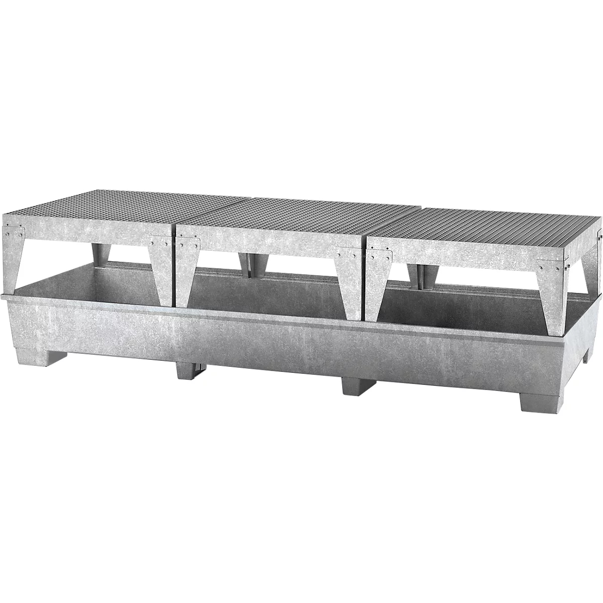 IBC-Station ASECOS, Stahl, mit 3 Abfüllböcken u. Staplerschuhen, 1000 l Auffangvolumen, B 3280 x T 1300 x H 820 mm, verzinkt