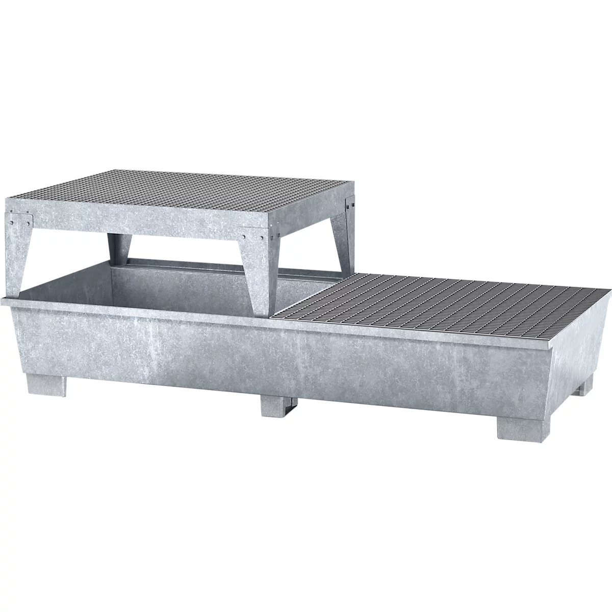 IBC-Station ASECOS, Stahl, mit Gitterrost, Abfüllblock u. Staplerschuhen, 1000 l Auffangvolumen, B 2680 x T 1300 x H 950 mm, verzinkt