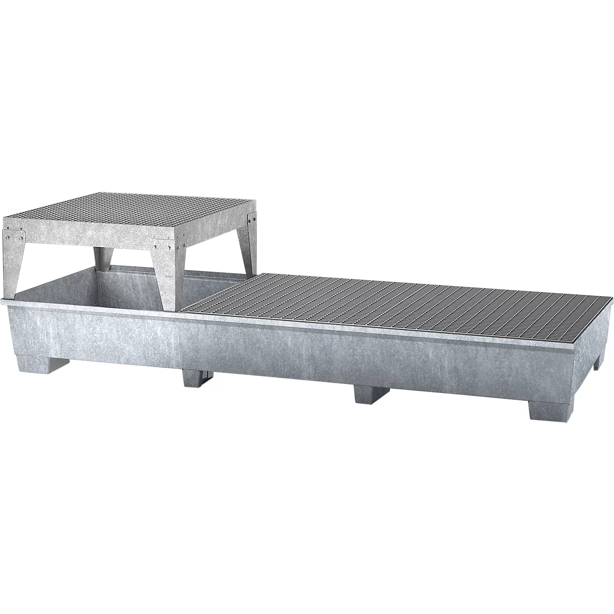IBC-Station ASECOS, Stahl, mit Gitterrost, Abfüllblock u. Staplerschuhen, 1000 l Auffangvolumen, B 3280 x T 1300 x H 820 mm, verzinkt