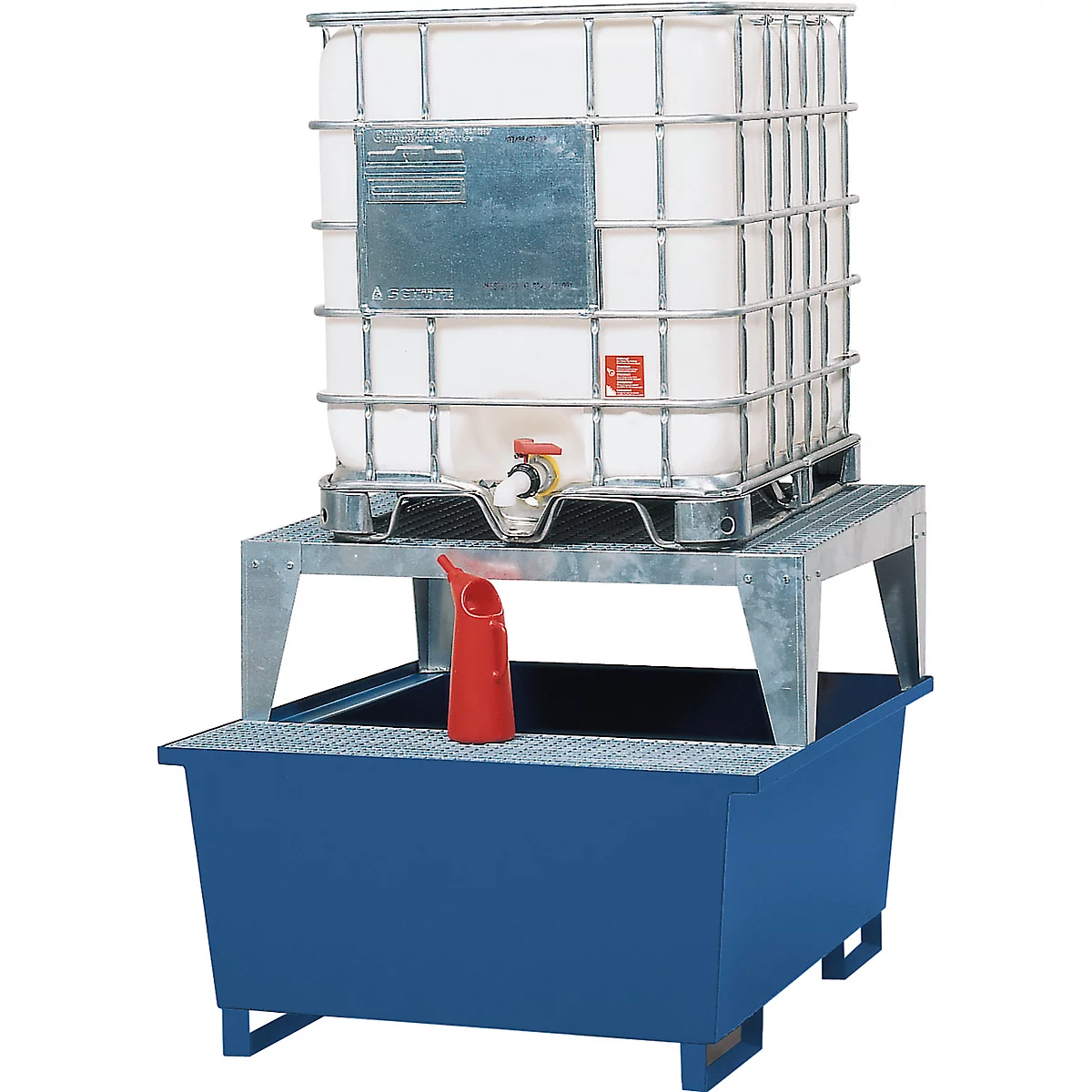 IBC-Station ASECOS, Stahl, mit Gitterrost, Abfüllblock u. Staplerschuhen, B 1350 x T 1650 x H 1180 mm, lackiert o. verzinkt