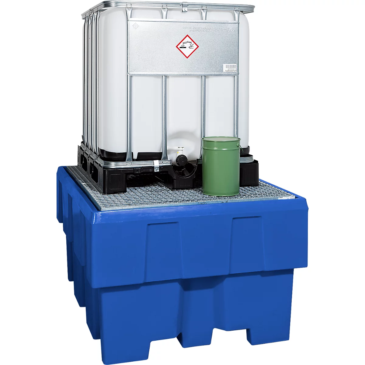 A blue, rectangular container stands with a white container and a green drum in a warehouse.