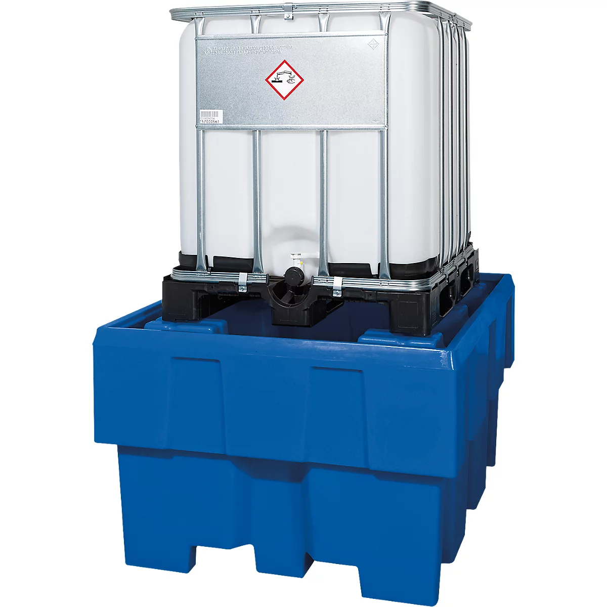 A white IBC container with metal frame sits on a blue spill containment. The container has a hazardous substance symbol.
