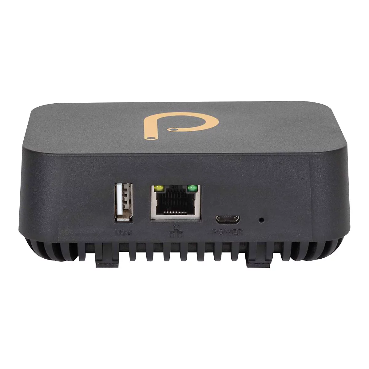 Schwarze Elektronikbox mit Anschlüssen für USB, Ethernet und Strom vor weißem Hintergrund.