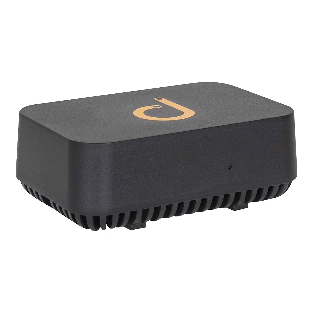 Schwarzes, rechteckiges Elektronikgerät mit goldenem Logo auf der Oberseite und gerippter Unterseite.