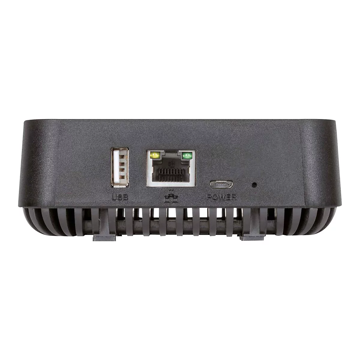 Rückseite eines schwarzen Tech-Geräts mit USB-Port, LAN-Anschluss mit Leuchten, Micro-USB-Stromanschluss und Reset-Loch.