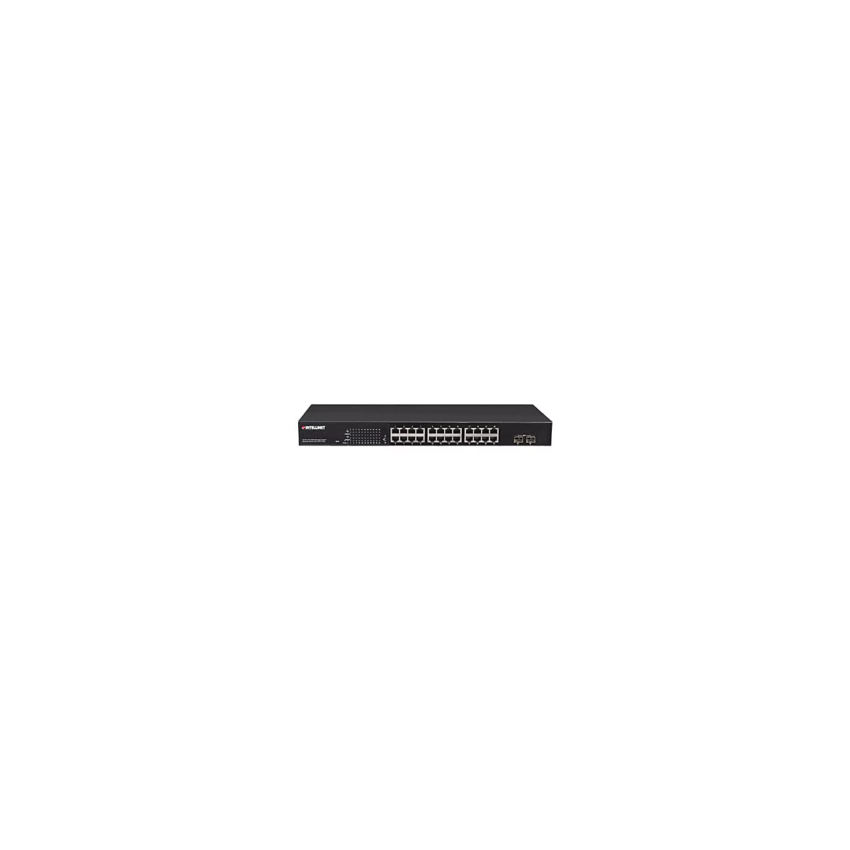 Schwarzer Intellinet Netzwerk-Switch mit 24 Ethernet-Ports und zwei SFP-Modulplätzen auf weißem Hintergrund.