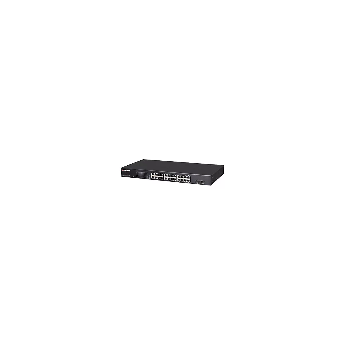 Schwarzer Intellinet Netzwerk-Switch mit 24 Ports vor weißem Hintergrund.