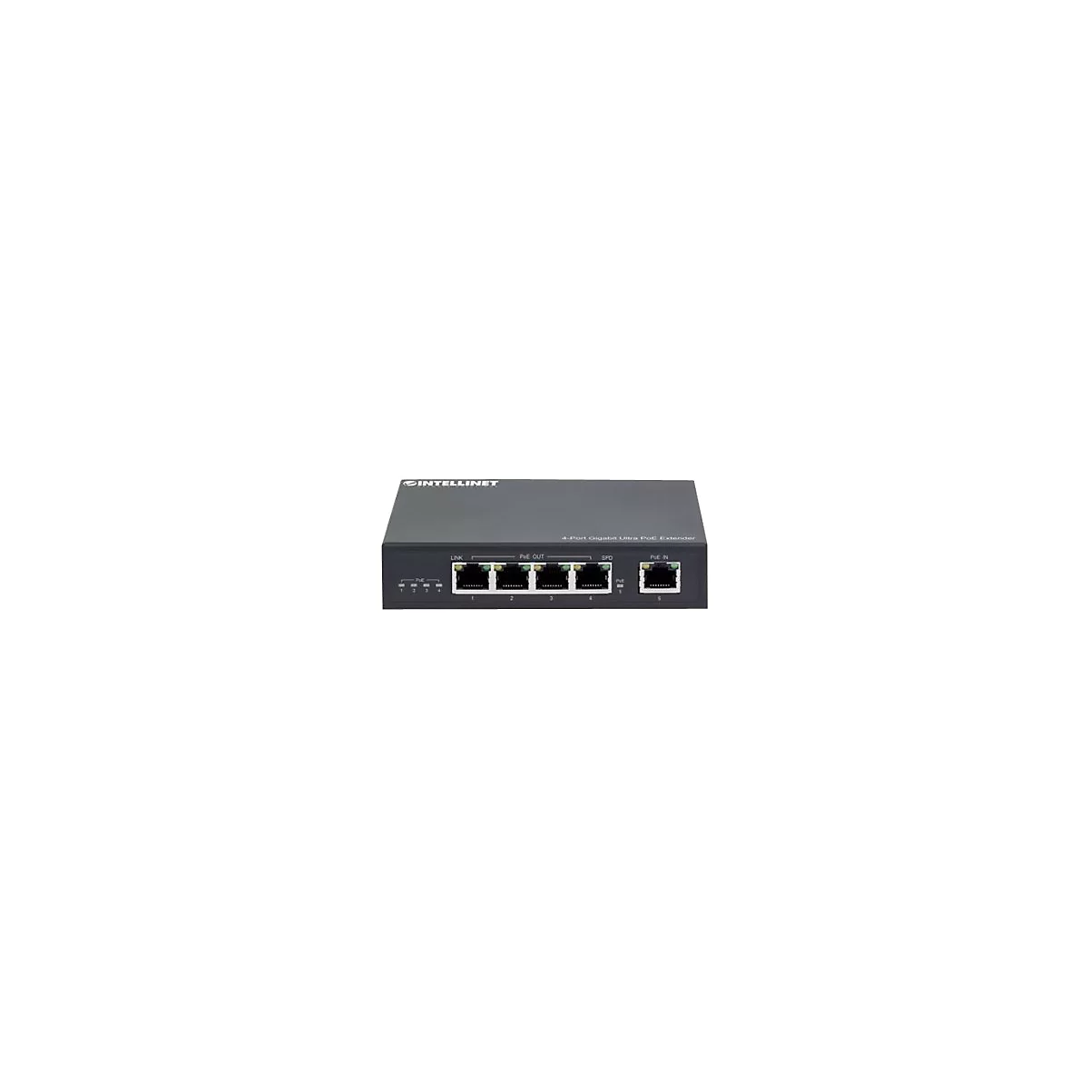 Schwarzer 4-Port Gigabit Ultra PoE Extender von Intellinet vor weißem Hintergrund.