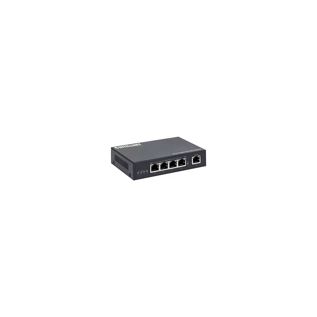 Schwarzer Intellinet 4-Port Gigabit Ultra PoE Extender mit Netzwerkanschlüssen vor weißem Hintergrund.