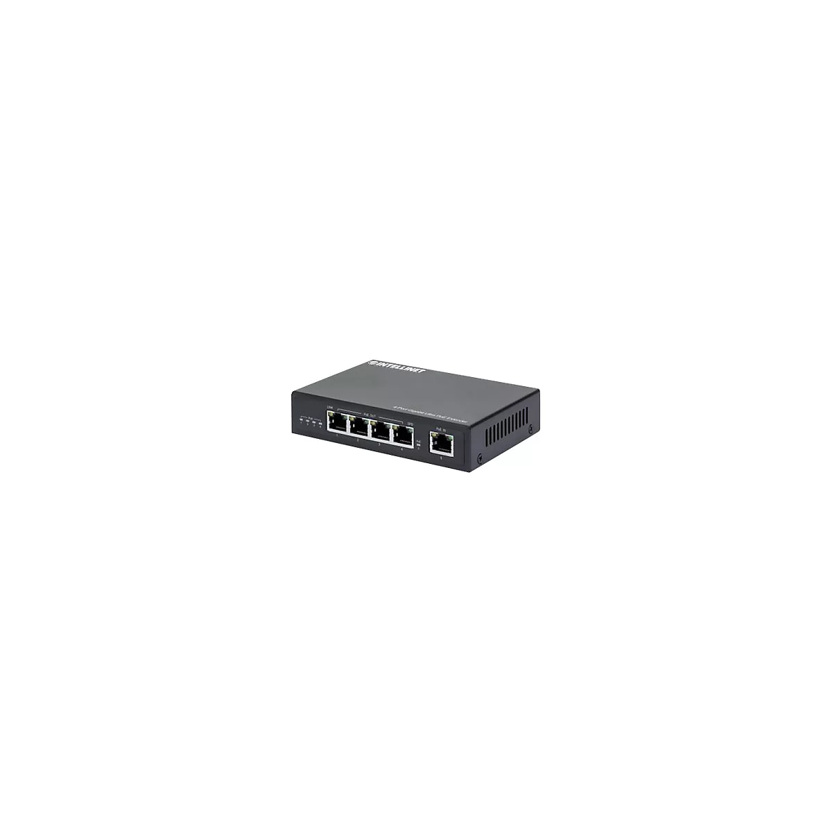 Schwarzer Intellinet 4-Port Gigabit Ultra PoE Extender vor weißem Hintergrund.