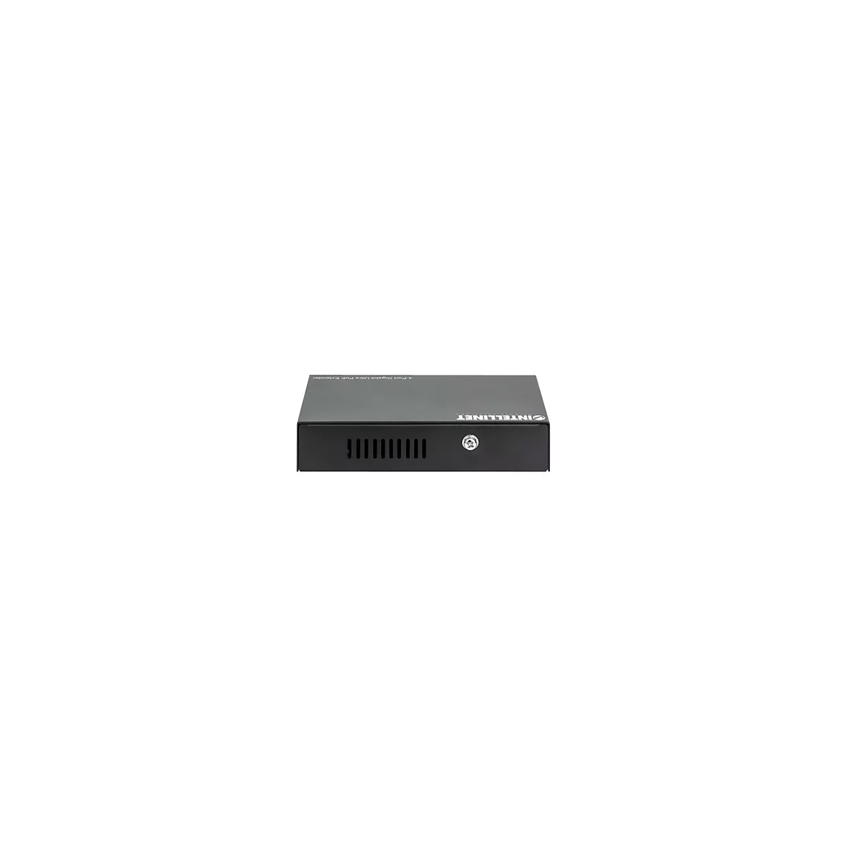 Schwarzer 4-Port Gigabit Ultra PoE Extender von Intellinet vor weißem Hintergrund.