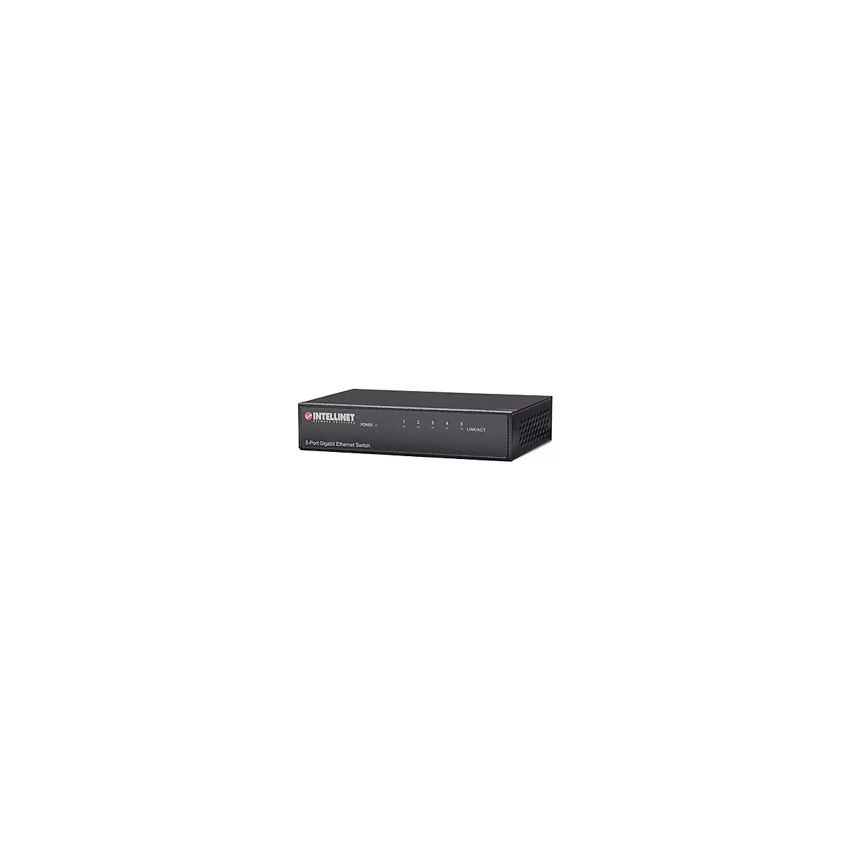 Schwarzer Intellinet 5-Port Gigabit Ethernet Switch auf weißem Hintergrund.