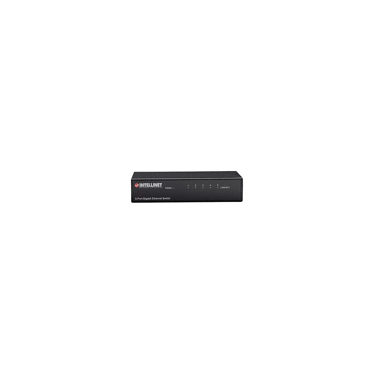 Schwarzer 5-Port Gigabit Ethernet Switch von Intellinet vor weißem Hintergrund.
