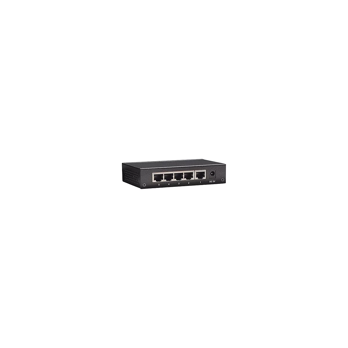 Schwarzer 5-Port Ethernet-Switch mit frontalen LAN-Anschlüssen und einem Stromanschluss.